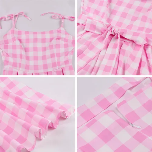 Vista 6 de ODASDO Vestido de cuadros rosa para mujer, estilo vintage, Rockabilly de los años 50, con tirantes delgados, acampanado, vestido midi para cóctel