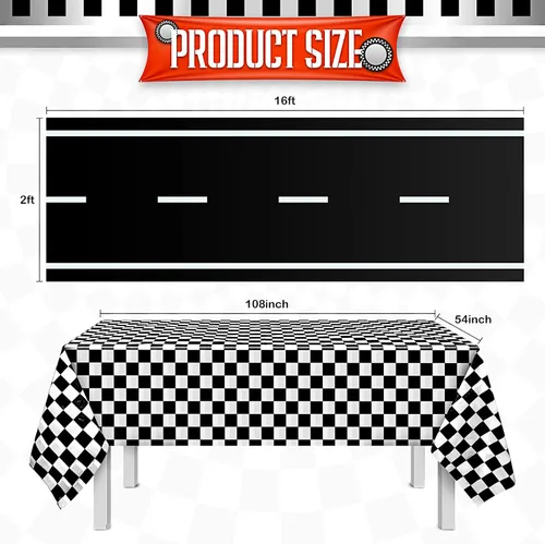 Vista 3 de Suministros de cumpleaños para fiesta de autos de carreras, tapete para correr de pista de carreras, mantel de carreras, pancarta a cuadros, 12
