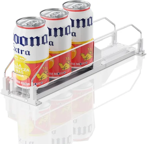 Vista 23 de Organizador de Bebidas para Refrigerador, 12oz 16oz 20oz - Dispensador de Latas de Refresco para Refrigerador, Ancho Ajustable, Deslizador Negro