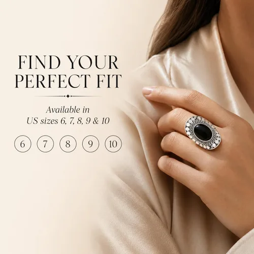 Vista 6 de Black Onyx Oval Stone Vintage Ring 925 Sterling Silver US Size 6 7 8 9 10
