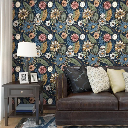 Vista 4 de Papel tapiz bohemio para despegar y pegar, papel de contacto floral vintage oscuro, papel de pared retro de flores botánicas autoadhesivo