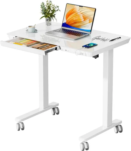Vista 12 de Escritorio de pie de cristal de 40 pulgadas con cajón Tapa de cristal blanco
