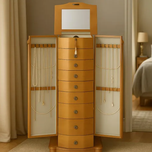 Vista 12 de Hives and Honey Florence Jewelry Armoire - Organizador de almacenamiento de joyas con 8 cajones forrados de fieltro, espejo de tocador, rollos