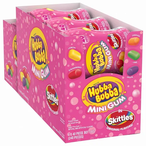 Vista 10 de HUBBA BUBBA Minis SKITTLES Paquetes de Chicle de Globo Saborizado Sin Azúcar, Chicle a Granel Paquete de 6 (240 Piezas)