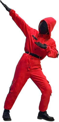 Vista 3 de Disfraz de calamar de Halloween para niños y niñas, juego de fiesta de cosplay para niños, conjunto deportivo de juego de rol, traje rojo