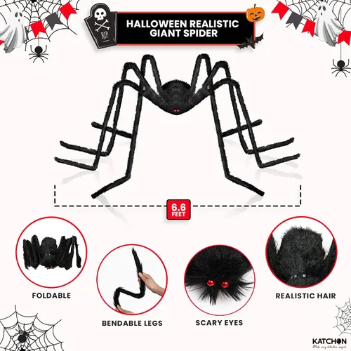 Vista 2 de KatchOn, Araña gigante peluda negra de Halloween, 6.5 pies, araña falsa plegable para decoración de Halloween al aire libre Decoración de verano
