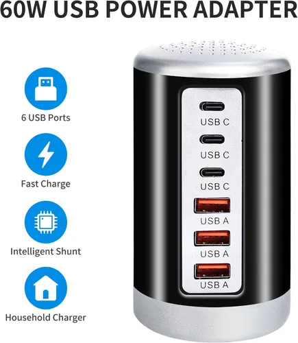 Vista 5 de Estación de carga USB de 60 W, 6 puertos (3 USB-A y 3 USB-C) compatible con iPhone 15/14/13/12/11, tabletas, teléfonos inteligentes, color negro