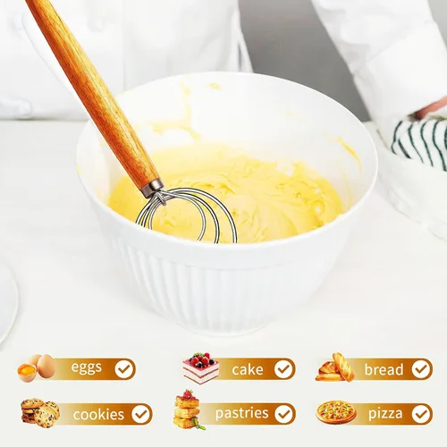 Vista 4 de TEEVEA Batidor de masa danesa para masa madre de pan, mango de madera y gancho de acero inoxidable
