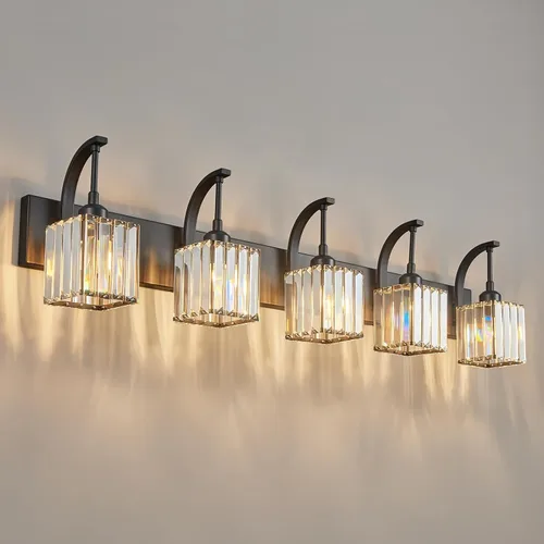 Vista 52 de Luces de tocador de cristal de 3 luces negras para tocador de baño, modernas lámparas de baño de cristal sobre espejo de 23.62 pulgadas de largo