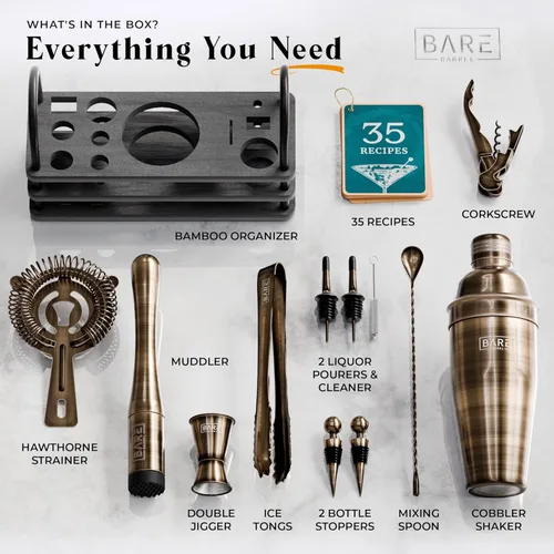 Vista 4 de BARE BARREL® Mixology Bartender Kit Bar Set Juego de coctelera de cócteles de 14 piezas Herramientas de mezcla de barware para martini