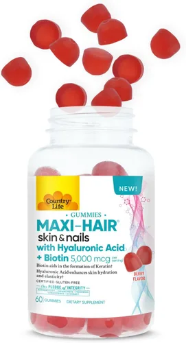 Vista 2 de Country Life Maxi-Hair - Gomitas para piel y uñas con ácido hialurónico y biotina de 5,000 mcg - Apoya el crecimiento del cabello, la hidratación