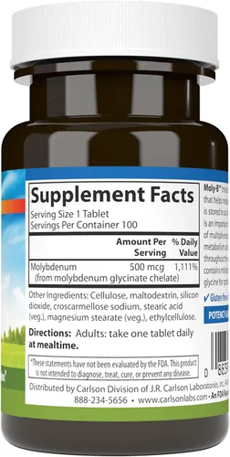 Vista 2 de Carlson Moly-B, apoyo para el metabolismo, 100 tabletas vegetarianas Suplementos quelados de molibdeno; Activación enzimática; Quelato
