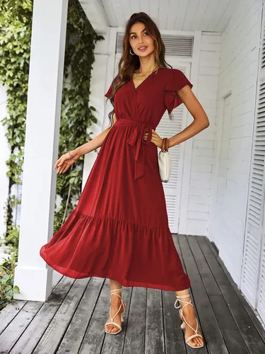 Vista 2 de PRETTYGARDEN - Vestido floral para mujer estilo bohemio, cruzado, con cuello en V, manga corta, con cinturón, dobladillo con volantes, acampanado