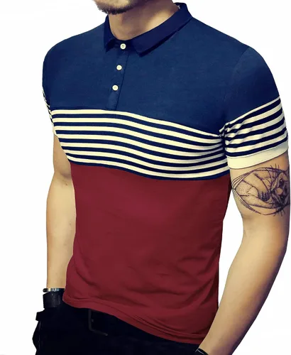 Vista 3 de LOGEEYAR Polo de manga corta para hombre, ajuste delgado, color contrastante, costuras a rayas, camiseta casual