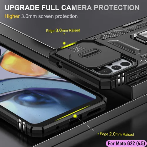 Vista 6 de Funda resistente para Motorola Moto G22, protector de parachoques de goma híbrido de doble capa de grado militar con protector de cámara deslizante