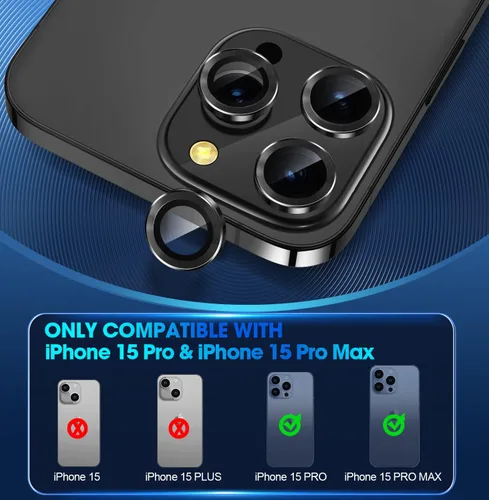 Vista 2 de Protector de lente de cámara para iPhone 15 Pro/iPhone 15 Pro Max, anillo de metal individual, dureza 9H, protector a prueba de arañazos, accesorios