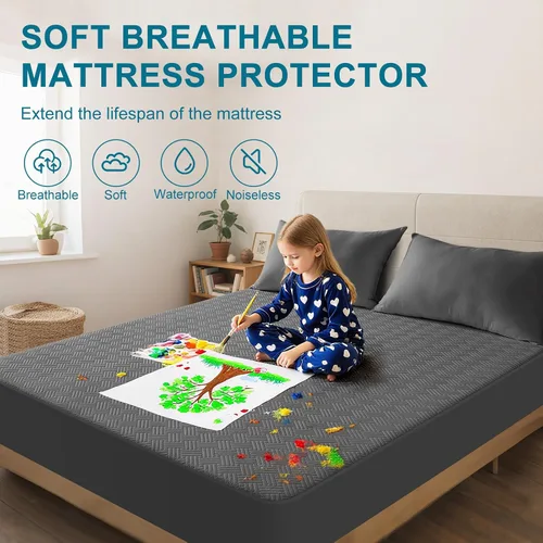 Vista 3 de Protector de colchón impermeable tamaño individual con bolsillos profundos, color gris Breathable Noiseless Soft Mattress Pad Cover Fits 8"-21