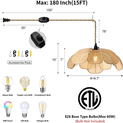 Vista 2 de Candelabros Bohemios Enchufables Luces Colgantes de Ratán Lámpara Colgante de Flores con Interruptor de Encendido/Apagado Cuerda de Cáñamo de 15