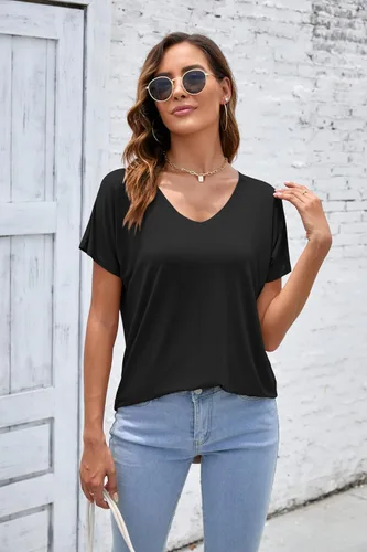Vista 7 de Herou Camisetas básicas de manga corta con cuello en V para mujer, estilo casual, holgadas, suaves para mujer