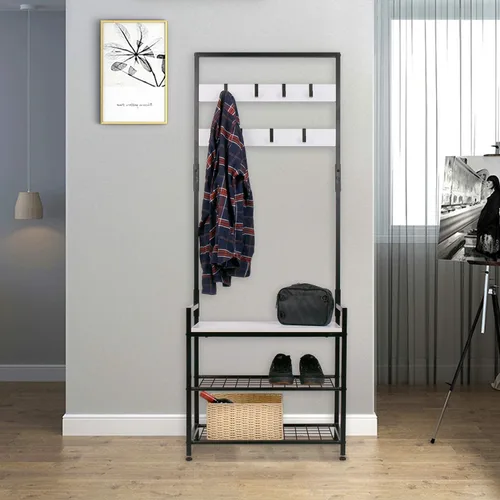 Vista 2 de HOMEKOKO Estante de almacenamiento para árbol de entrada, estante para zapatos, muebles decorativos de aspecto de madera con marco de metal, diseño