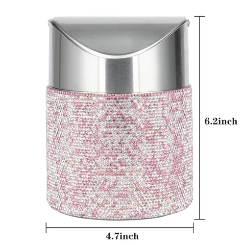 Vista 7 de KEYPOWER Mini basurero con diamantes de imitación con tapa abatible de acero inoxidable, adecuado para encimera, automóvil, mesa (rosa)