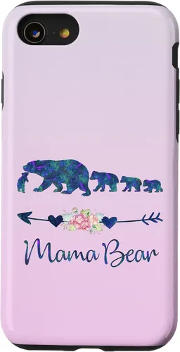 Vista 18 de Funda para iPhone 16, diseño floral de mamá oso de cuatro cachorros, color verde azulado y morado