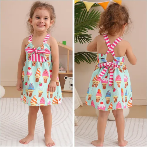 Vista 2 de Falda de verano para niñas pequeñas, con estampado de heladodinosaurio, sin mangas, correa sin espalda, vestido de 1 a 6 años