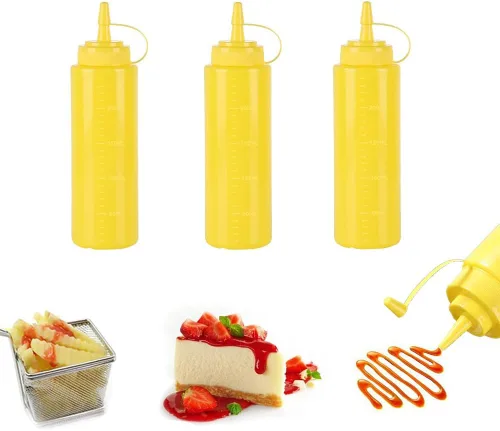 Vista 11 de Botellas de plástico de 3 colores de 12 onzas, botellas para apretar condimentos, botella multiusos para salsa de tomate, aceite, mermelada, salsa
