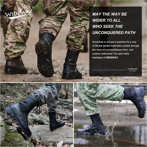 Vista 6 de Botas militares de WIDEWAY para hombres, botas de combate de jungla tácticas de cuero resistente al deslizamiento, negras, para hombres, todo