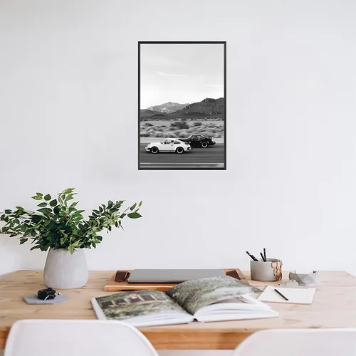 Vista 6 de Póster retro de auto en blanco y negro, lienzo de superdeportivo, arte de pared para amantes del automóvil, puesta de sol, paisaje de montaña