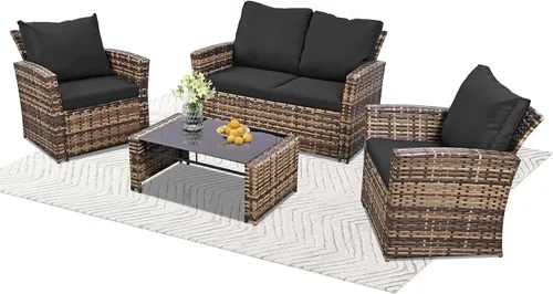 Vista 9 de Juego de 4 muebles de patio al aire libre, muebles de exterior, juego de sofá modular de mimbre para conversación al aire libre, juego de sofá
