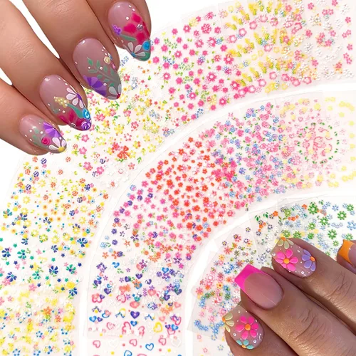 Vista 18 de 4 hojas de calcomanías de flores para arte de uñas, calcomanías de hibisco en relieve 5D, rosa, blanco, lirio, hibisco, flores tropicales, verano