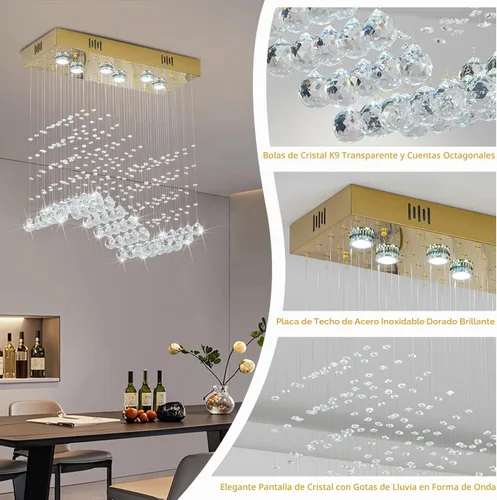 Vista 6 de Candelabro Rectangular Moderno de Onda Dorada para Comedor Sobre Mesa, Lámpara de Techo Elegante de 6 Luces Tipo Gota de Lluvia para Isla de Cocina