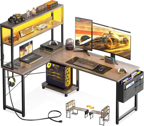 Vista 13 de AODK Escritorio en Forma de L para Gaming con Luz LED y Toma de Corriente, Mesa de Computadora Reversible en Forma de L de 43 Pulgadas con Estante