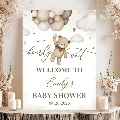 Vista 21 de Letrero de bienvenida con texto en inglés «We Can Bearly Wait Baby Show» para niño, tema de globo de oso de peluche azul Style#1
