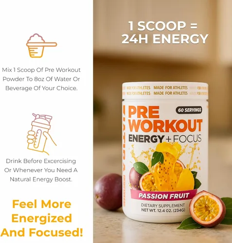 Vista 5 de About Time Preworkout Energy + Focus (sabores naturales, sin nerviosismo, sin gluten, baja estima) - Fruta de la pasión, 60 porciones 60 mg