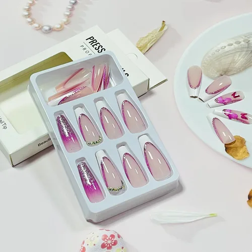 Vista 3 de Uñas largas a presión, uñas postizas cuadradas de punta francesa, uñas acrílicas, punta de ataúd, uñas adhesivas de cobertura completa, uñas