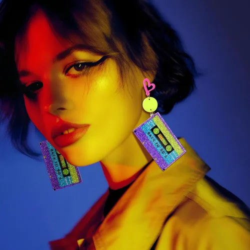 Vista 2 de RechicGu Aretes de aro de corazón de neón de los años 80 y 90 para fiesta brillante, atuendo retro de los años 70, accesorios de joyería, regalo