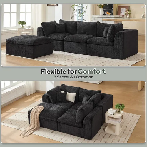Vista 4 de STHOUYN Sofás Seccionales Modernos Negros de 114" sin Estructura para Sala de Estar, Sofá Nube Modular Negro en Forma de L con Otomana, Cómodo Sofá