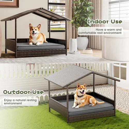 Vista 2 de WARCAT Casa de mimbre para perros, cama elevada para interiores y exteriores, para perros pequeños y medianos, con cojín extraíble, funda lavable