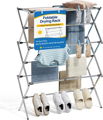 Vista 11 de APEXCHASER Estante de secado de ropa plegable de 3 niveles, estante de lavandería extensible de metal, 45.28 pulgadas de altura, ancho ajustable