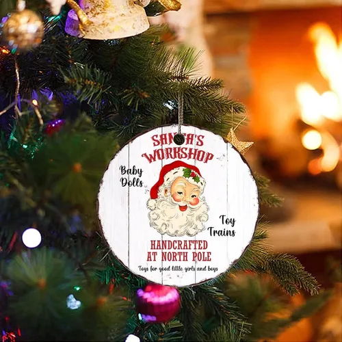 Vista 3 de Adornos de recuerdo de Navidad, taller de Papá Noel, adorno de cerámica, adornos de regalo de grano de madera, adornos colgantes para árbol