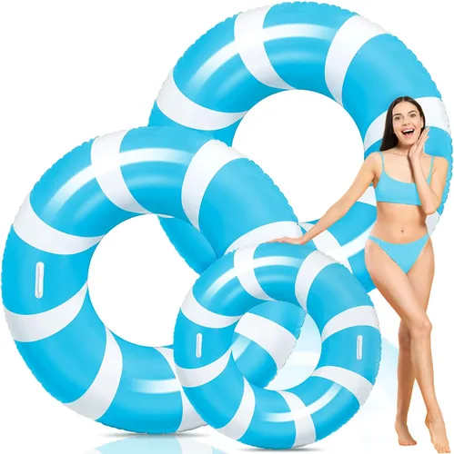 Vista 8 de WinnerWhy 1 anillo de natación azul jumbo con asas de 47.24 pulgadas, tubo inflable de flotador de piscina clásico a rayas para adultos, tumbonas