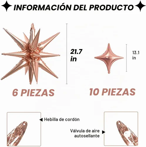 Vista 2 de Globos de lámina dorada rosa en forma de estrella paquete de 6 Starburst y Spike para bodas y fiestas