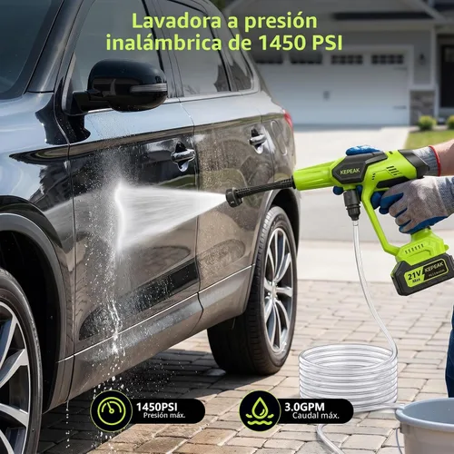 Vista 2 de KEPEAK Lavadora portátil inalámbrica, lavadora a batería de 1450 PSI con boquilla 6 en 1, 2 baterías de 4.0Ah y cargador, lavadora de mano