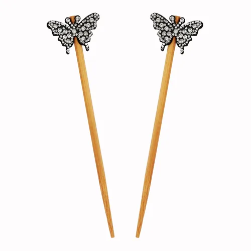 Vista 7 de Juego de palitos para el cabello con gemas mariposas (marrón)