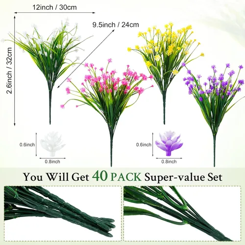 Vista 2 de Hoteam 40 paquetes de flores artificiales para exteriores, resistentes a los rayos UV, plantas de plástico para exteriores, primavera, verano