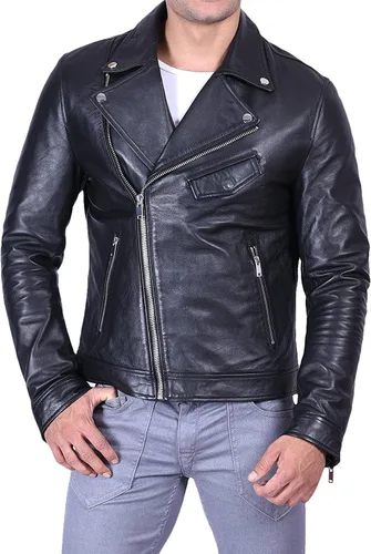 Vista 5 de Chaqueta Hombre - Cafe Racer Real Lambskin Leather Motorcycle Biker Jacket