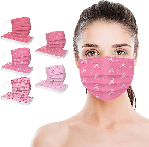 Vista 3 de Paquete de 50 mascarillas desechables para concientización del cáncer de mama, máscaras de cinta rosa para mujeres y adultos, protección facial de 3
