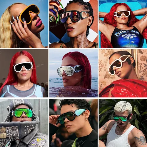 Vista 2 de Gafas de sol de moda con máscara ondulada para mujeres y hombres, de gran tamaño, color plateado, con escudo futurista, estilo de diseñador
